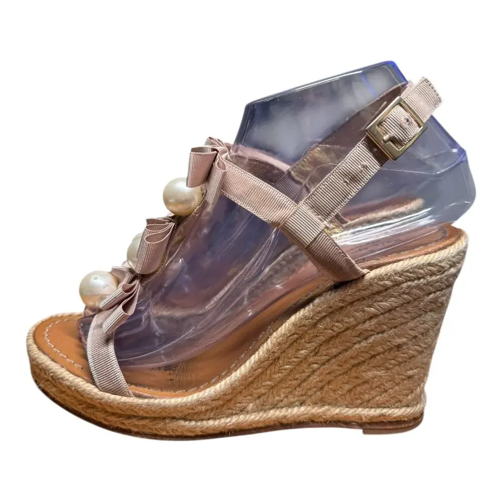 KATE SPADE Women's 7 Pearl Grosgrain Ribbon Espadrille Wedge Sandals Bow Spain
